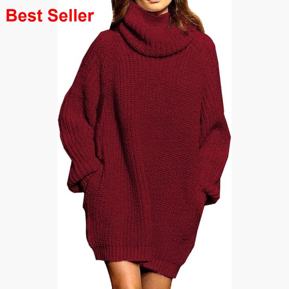 Acrylic Turtleneck Pullover Sweater Dress With Pockets